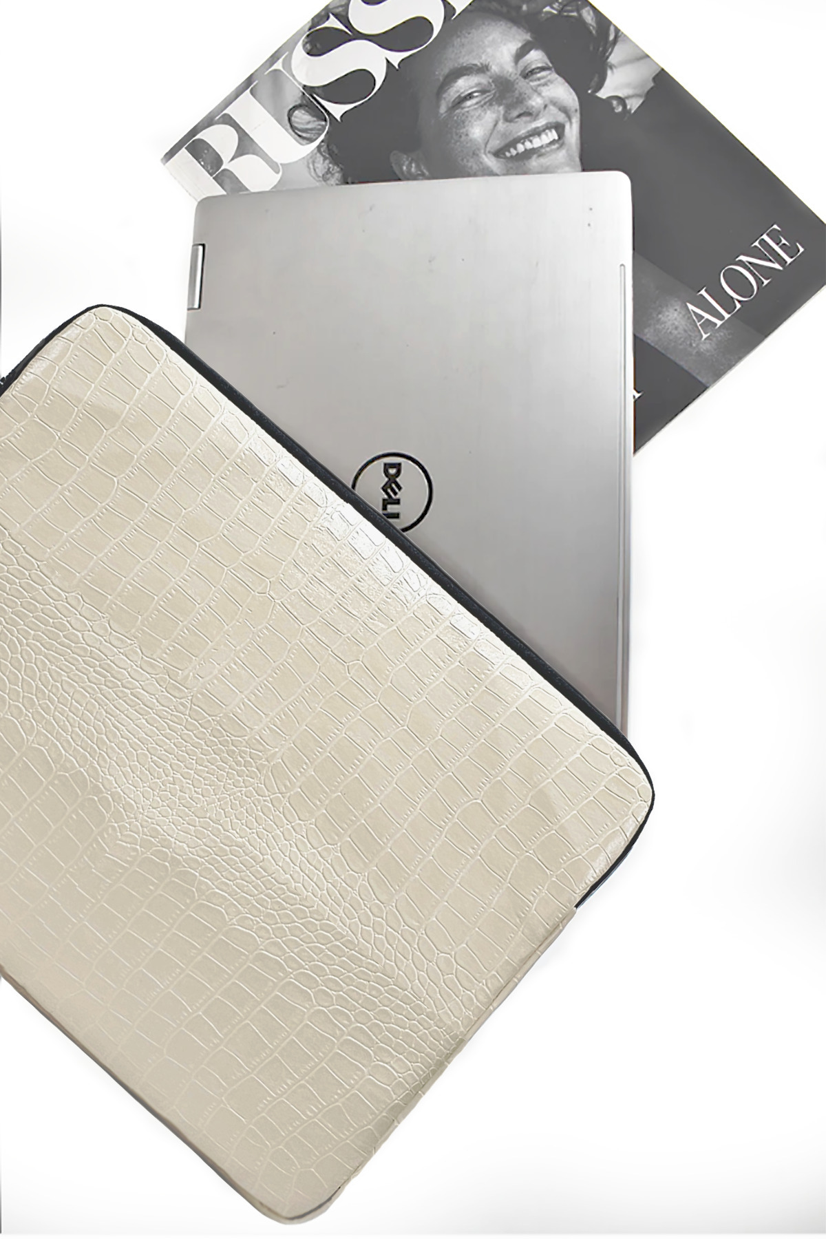 Krem Rengi Kroko Desen 13-14-15.6-16 Inç Uyumlu Fermuarlı Kılıf Laptop & Notebook Çantası