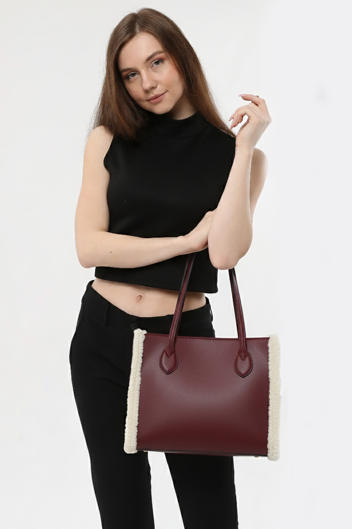 Bordo Rengi Polar Detaylı Geniş Omuz Çantası