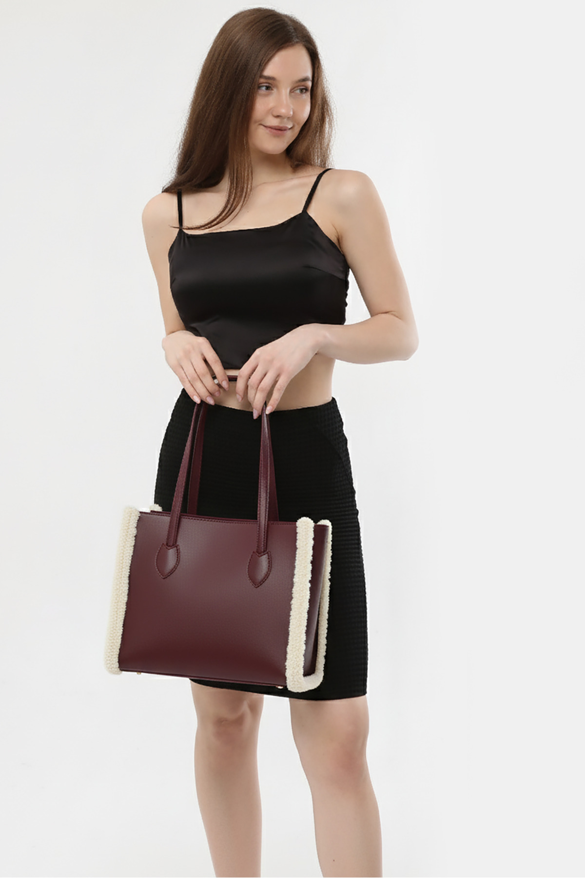 Bordo Rengi Polar Detaylı Geniş Omuz Ve El Çantası