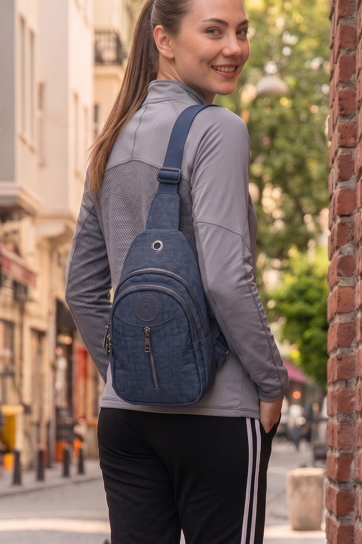 Unisex Lacivert Krinkıl Body Bag Çapraz Omuz Ve Bel Çantası