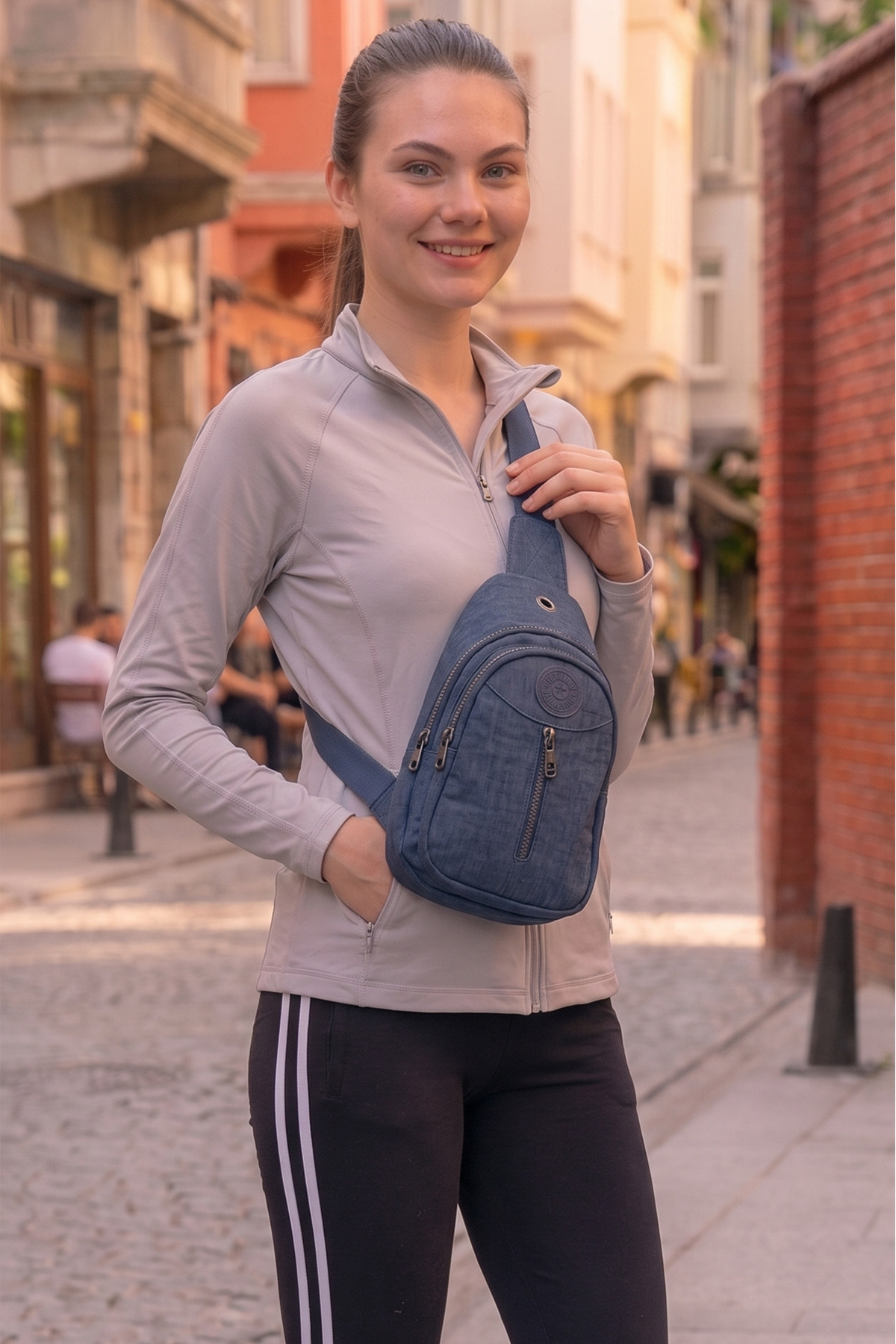 Unisex Lacivert Krinkıl Body Bag Çapraz Omuz Ve Bel Çantası
