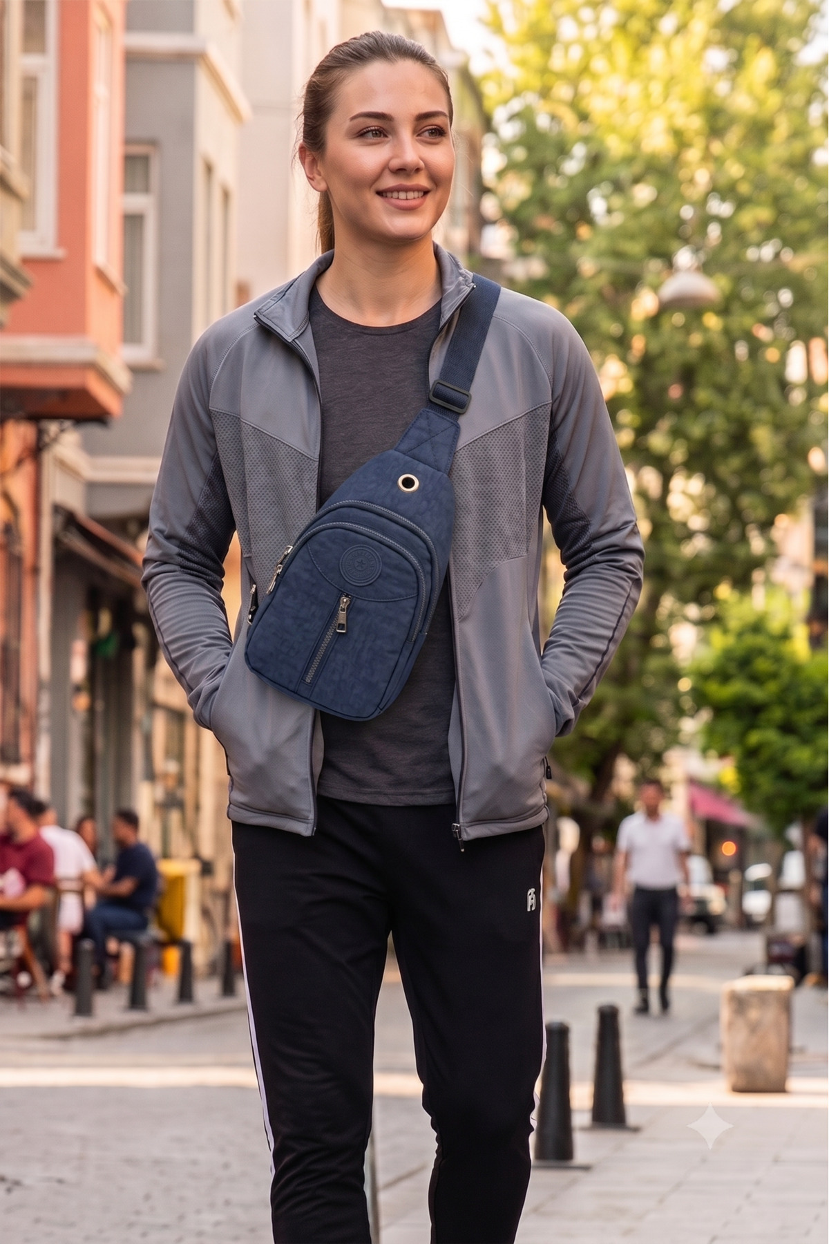 Unisex Lacivert Krinkıl Body Bag Çapraz Omuz Ve Bel Çantası