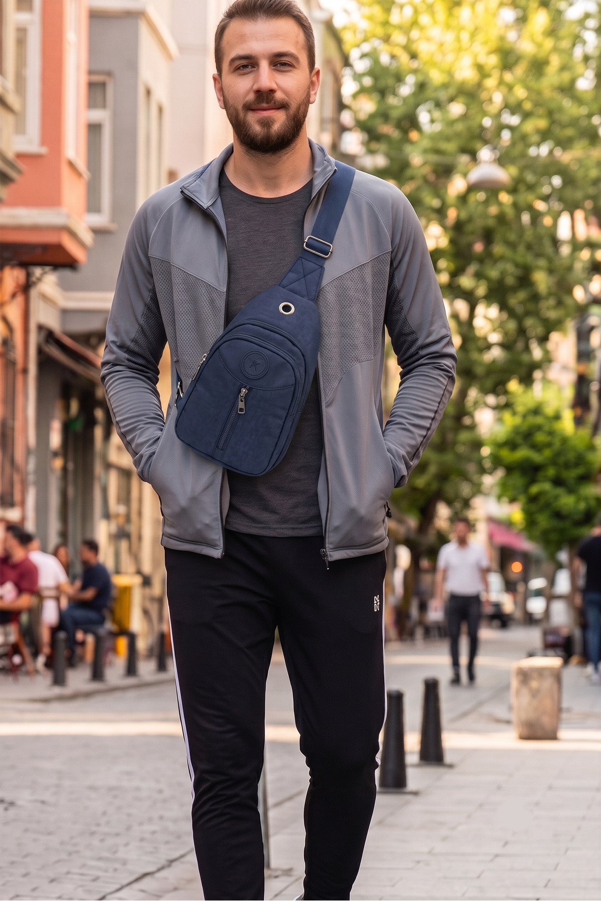Unisex Lacivert Krinkıl Body Bag Çapraz Omuz Ve Bel Çantası