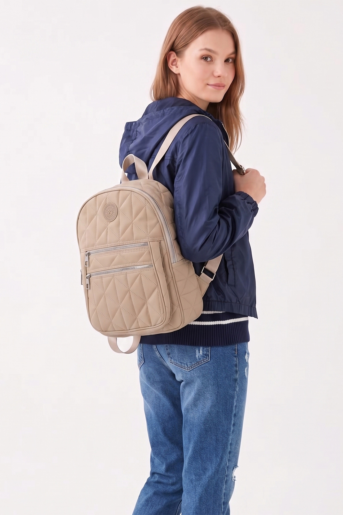 Krem Kapitone Desenli 3 Bölmeli Unisex Sırt Çantası - Su İtici Paraşüt Kumaş Günlük Okul Çantası