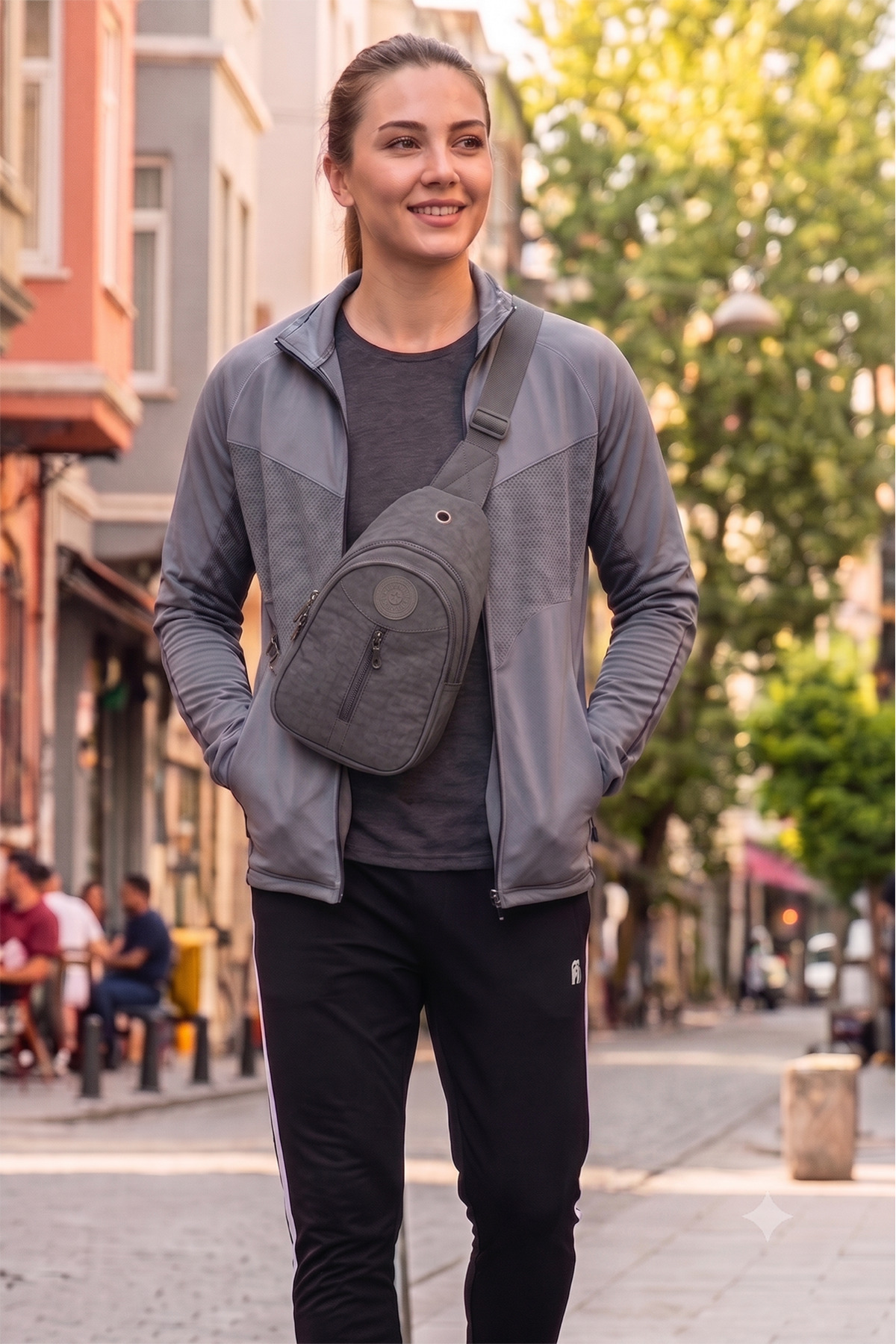 Unisex Gri Krinkıl Body Bag Çapraz Omuz Ve Bel Çantası