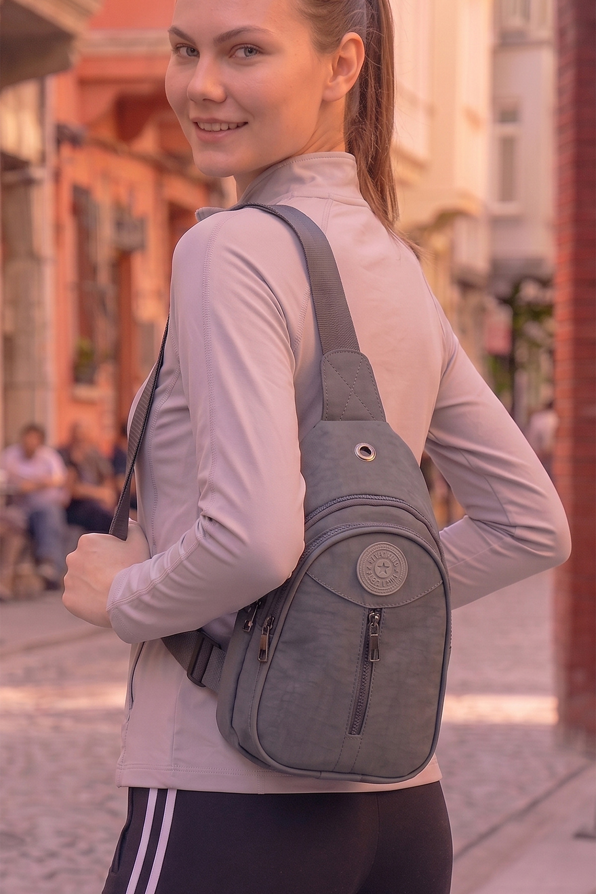 Unisex Gri Krinkıl Body Bag Çapraz Omuz Ve Bel Çantası