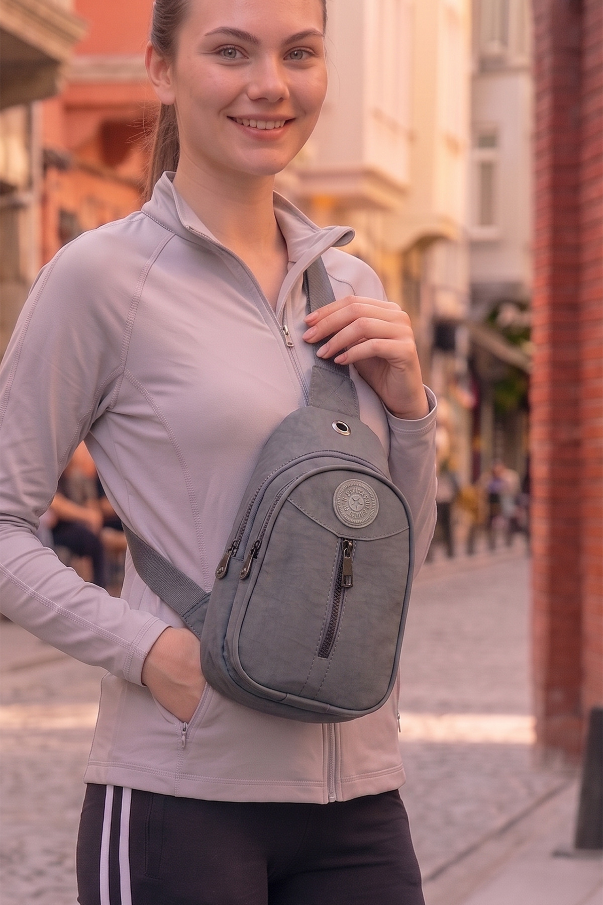 Unisex Gri Krinkıl Body Bag Çapraz Omuz Ve Bel Çantası