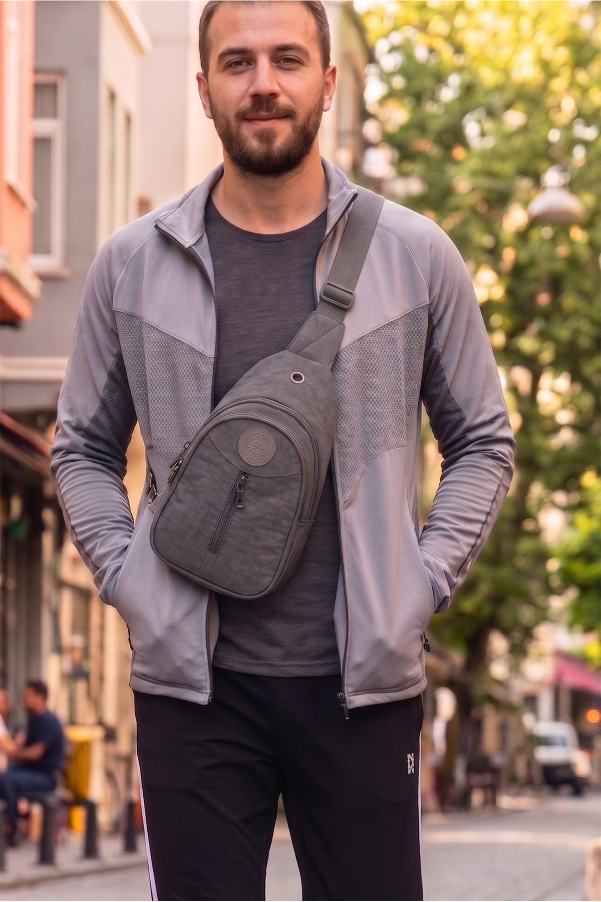 Unisex Gri Krinkıl Body Bag Çapraz Omuz Ve Bel Çantası