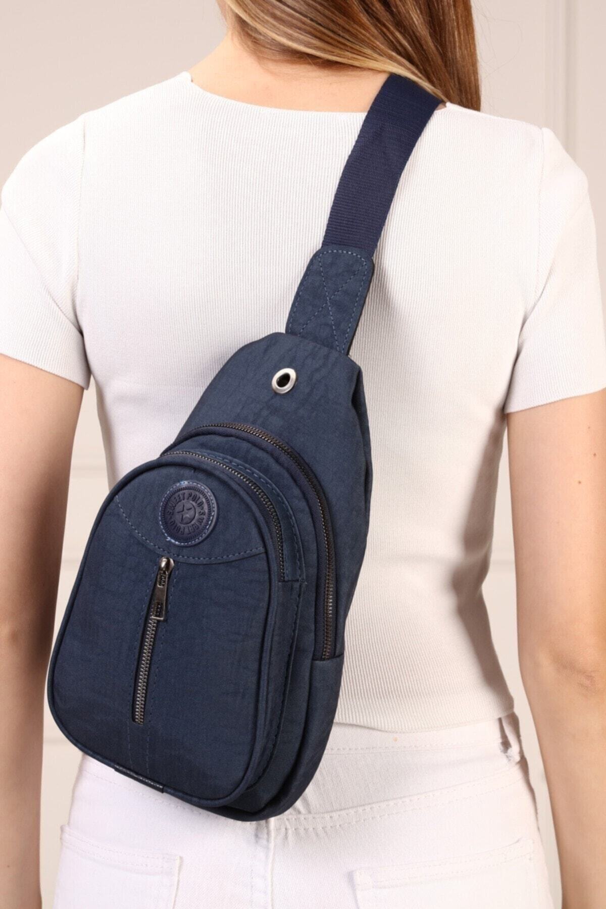 Kadın Lacivert Krinkıl Body Bag Çapraz Göğüs Ve Omuz Çantası