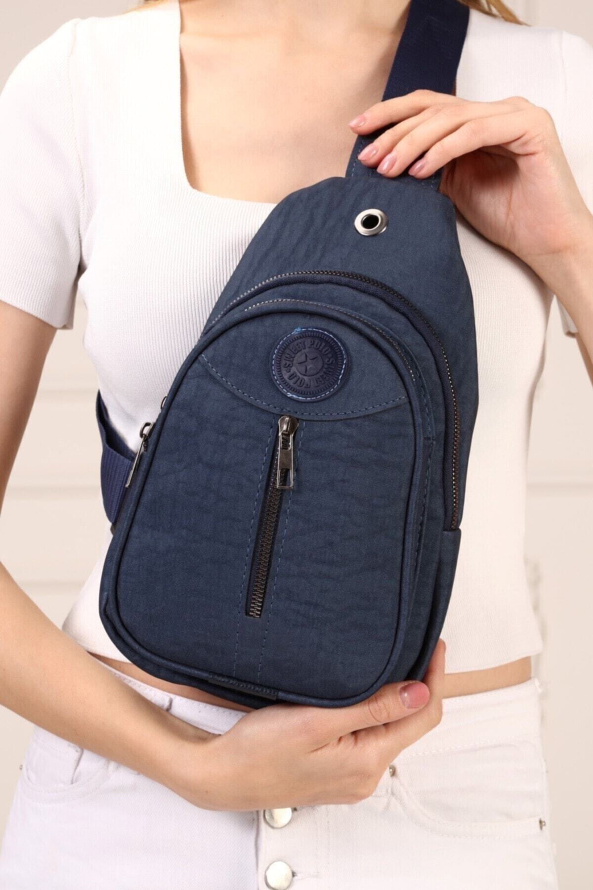 Kadın Lacivert Krinkıl Body Bag Çapraz Göğüs Ve Omuz Çantası